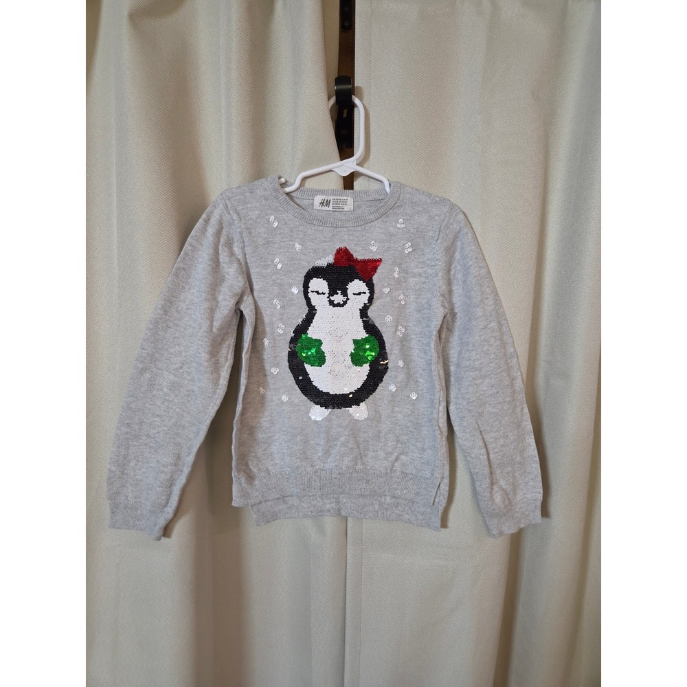 HM Kids Gray Sequin Penguin Holiday Sweater Size 4-6Y Cotton Knit Pullover
